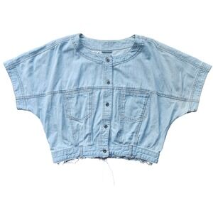 Rafaella Women's Light Wash Denim Cropped Shirt Size 14 Short Sleeve Button Up